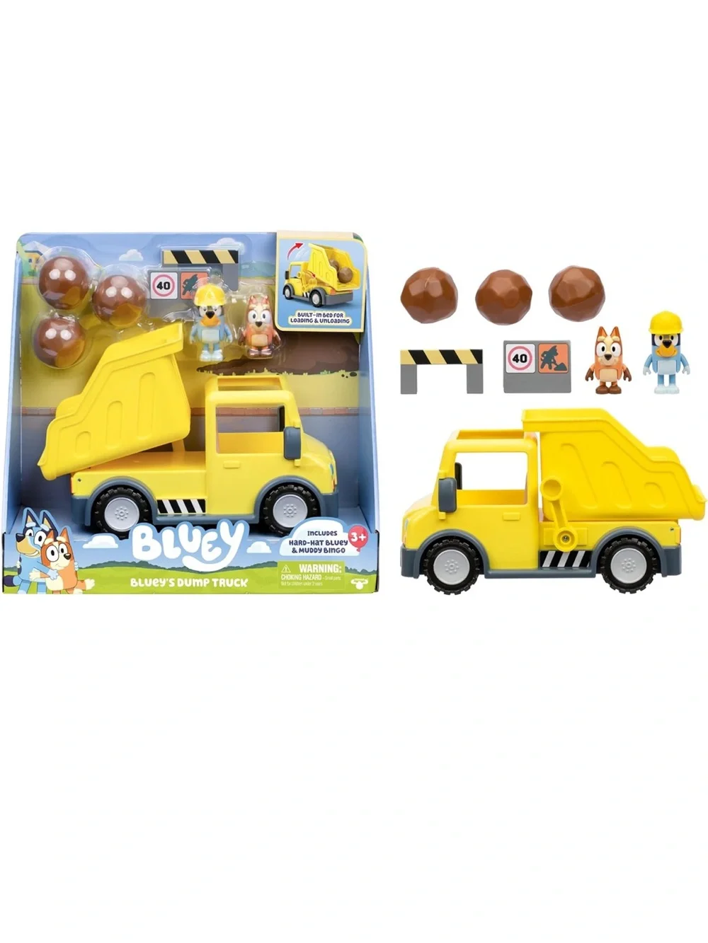 Bluey Dump Truck Toy Playset with Hard Hat Bluey & Muddy Bingo